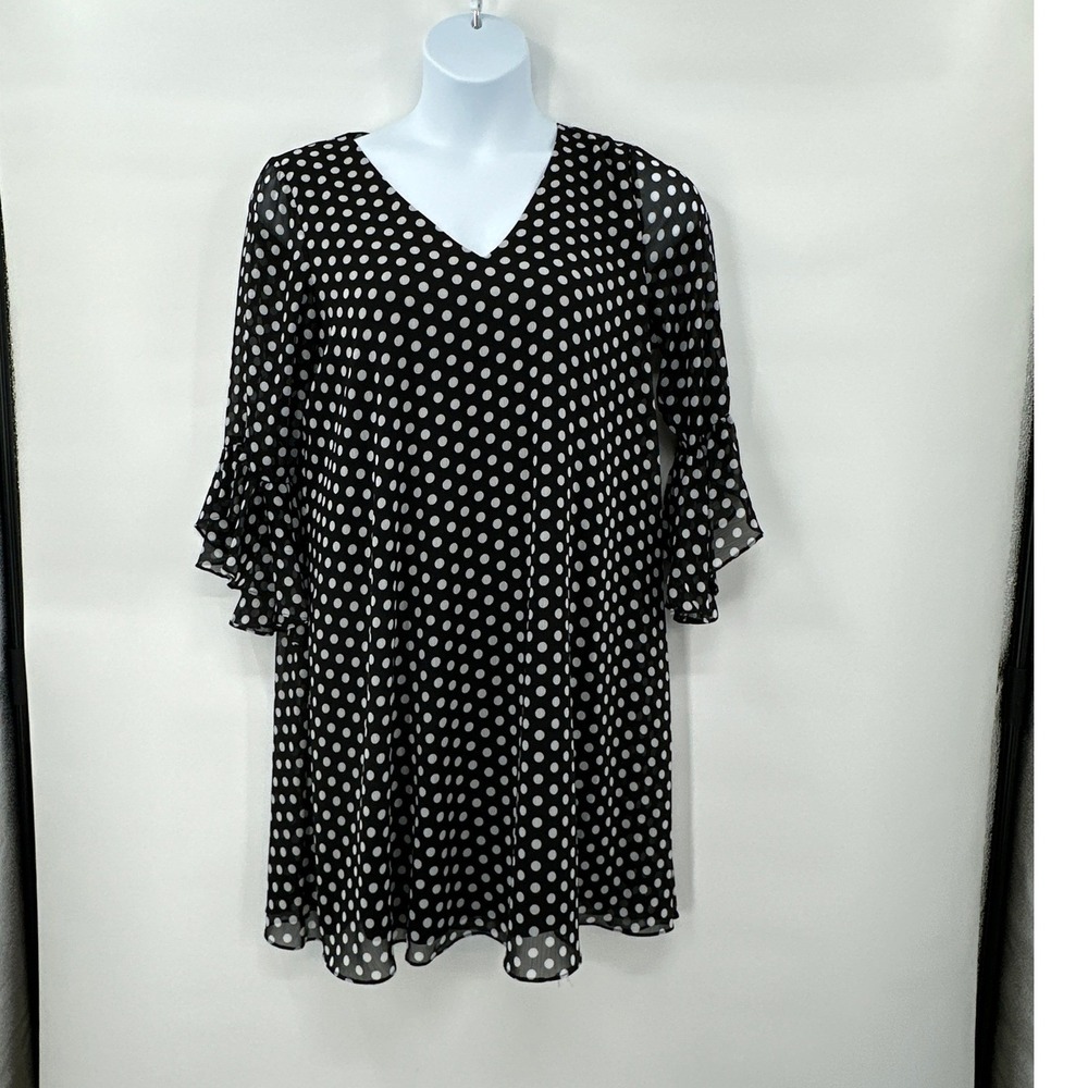 Polka Dot Shift Dress‎ XL Calvin Klein Sheer Bell Sleeve Minimalist Office Date